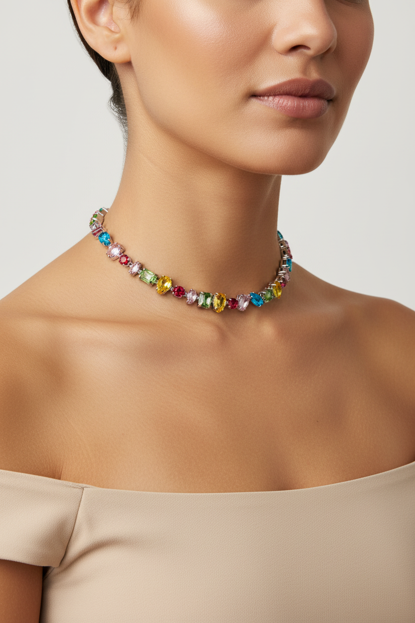 Ατσάλινο choker με πολύχρωμα κρύσταλλα velmira color choker statement necklace colorful φορεμένο σε μοντέλο, So Cute by DImi