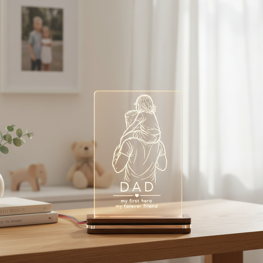LED φωτιστικό My First Hero από διάφανο plexiglass με χάραξη laser και δυνατότητα προσωποποίησης από τη So Cute By Dimi.