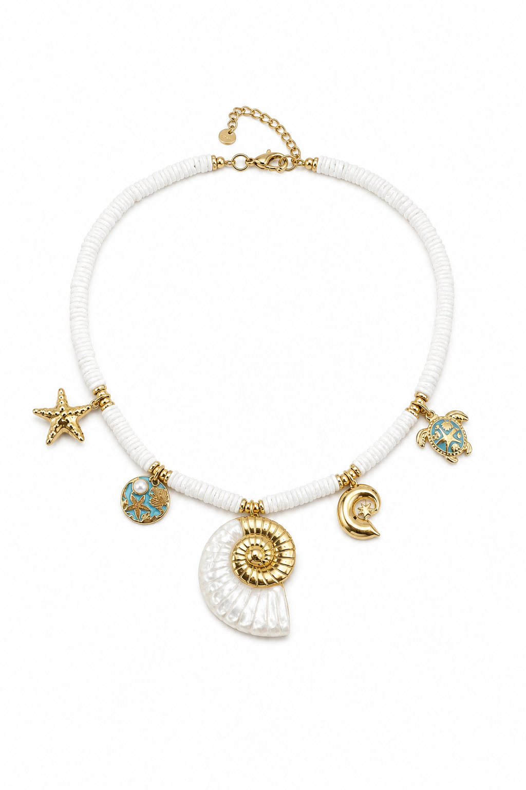 So Cute By Dimi Nautilus Charms Necklace με λευκές heishi χάντρες, ναυτίλο 4,5 εκ. και χρυσά θαλασσινά charms