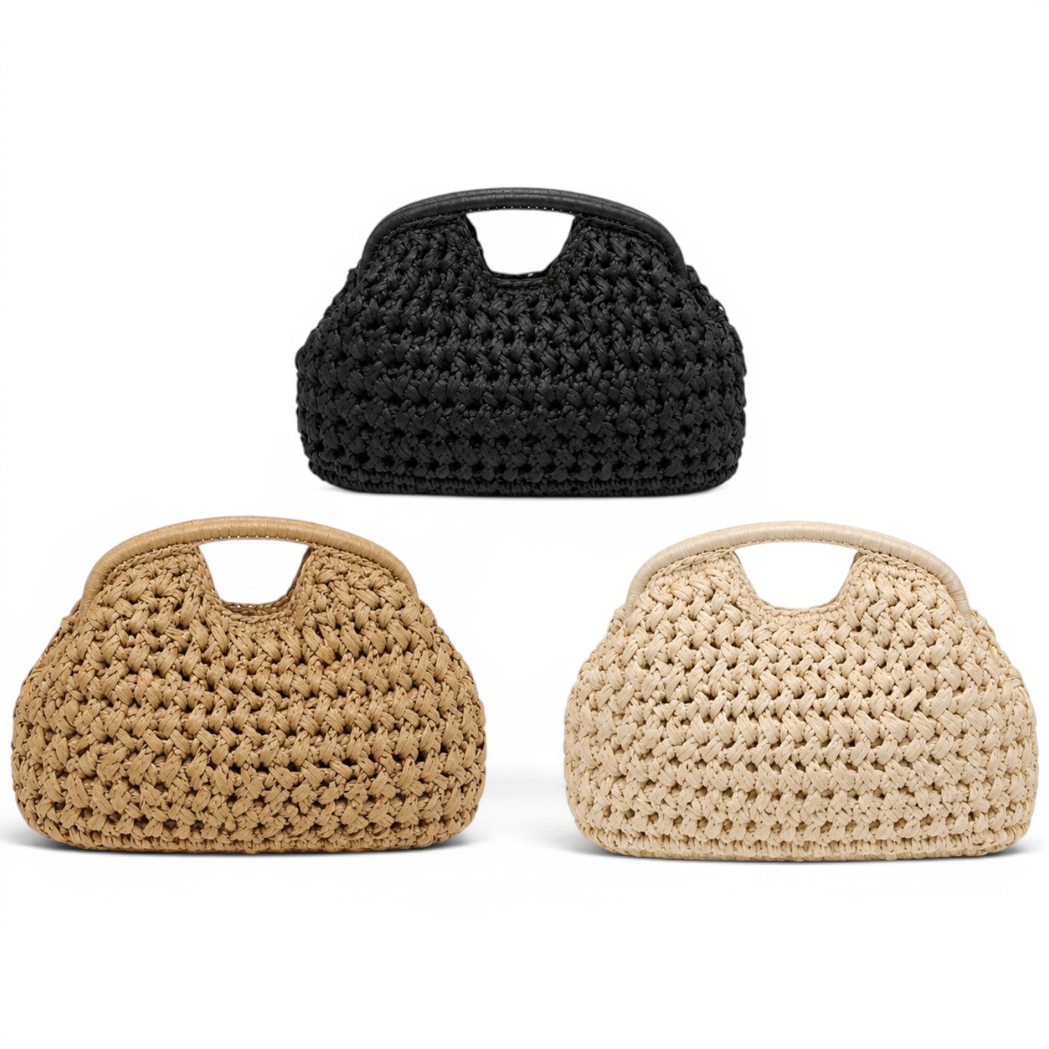 Chunky woven ψάθινες τσάντες σε μπεζ, φυσικό και μαύρο χρώμα σε λευκό φόντο – So Cute by Dimi