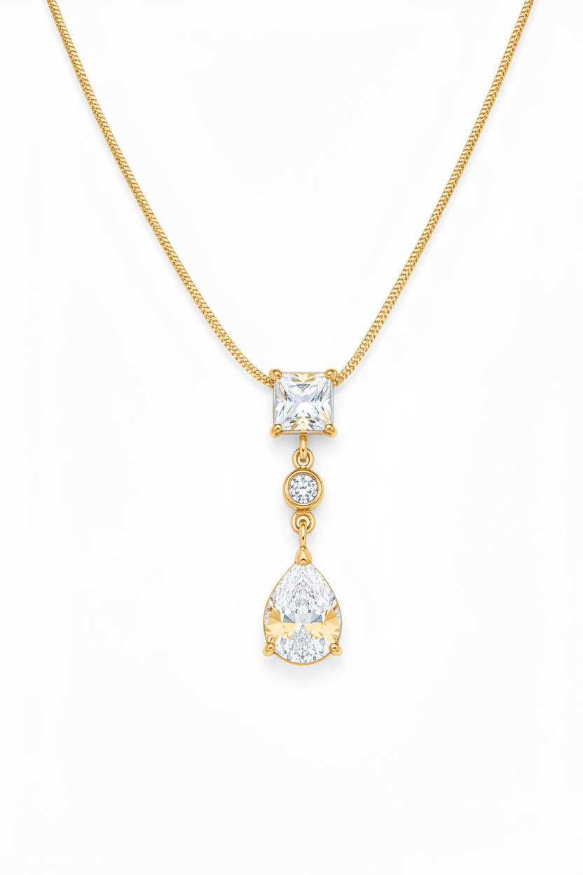 Noor Necklace ατσάλινο κολιέ με τετράγωνο ζιργκόν και κρεμαστή σταγόνα σε χρυσό χρώμα So Cute by Dimi