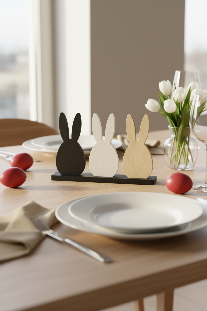 Minimal πασχαλινή διακόσμηση τραπεζιού με ξύλινο Nordic Bunny Trio 3 αυγών