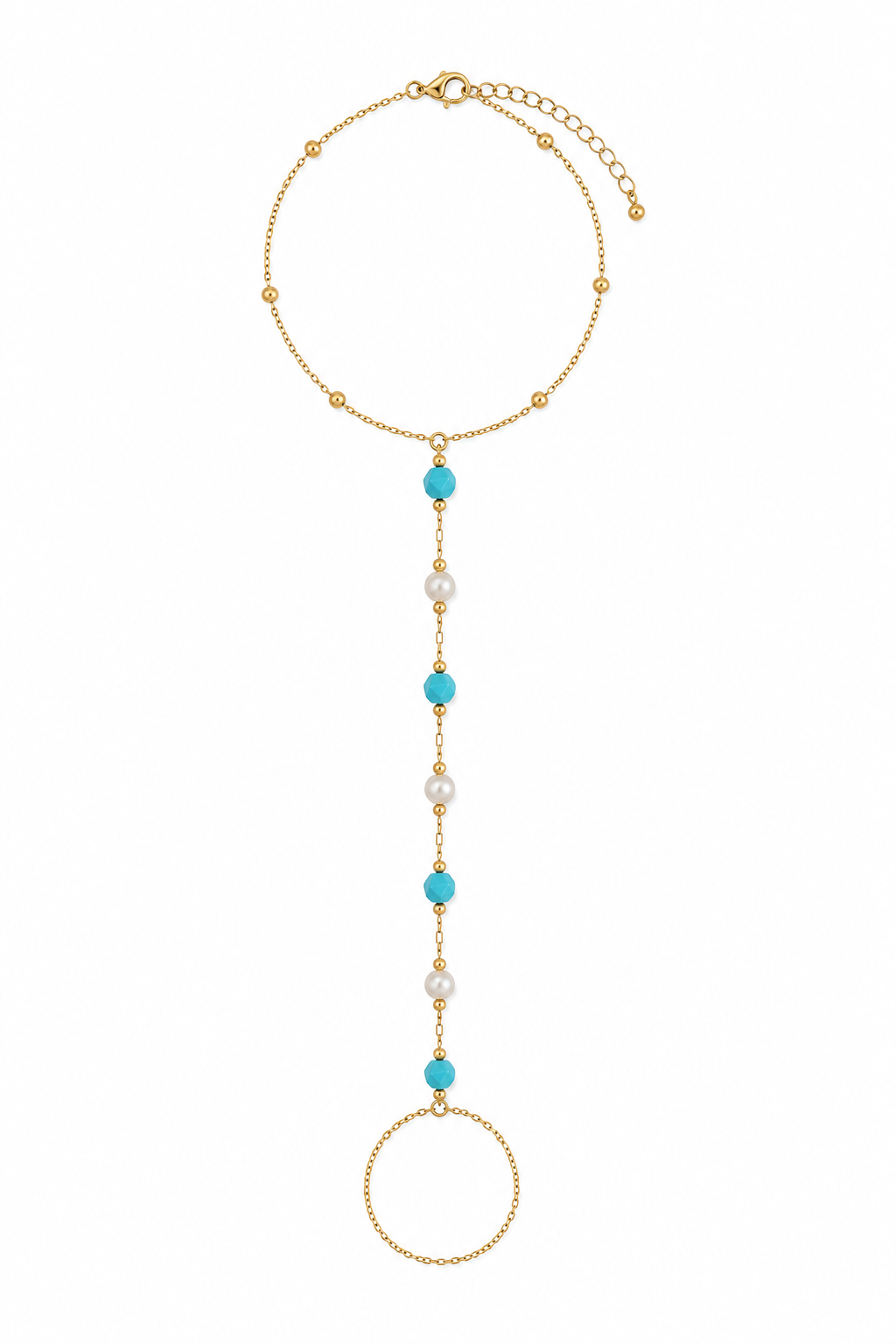 Ocean Pearl Barefoot Anklet ατσάλινο χρυσό βραχιόλι ποδιού με ενσωματωμένο toe ring, λευκές πέρλες και τιρκουάζ χάντρες