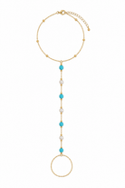 Ocean Pearl Barefoot Anklet ατσάλινο χρυσό βραχιόλι ποδιού με ενσωματωμένο toe ring, λευκές πέρλες και τιρκουάζ χάντρες