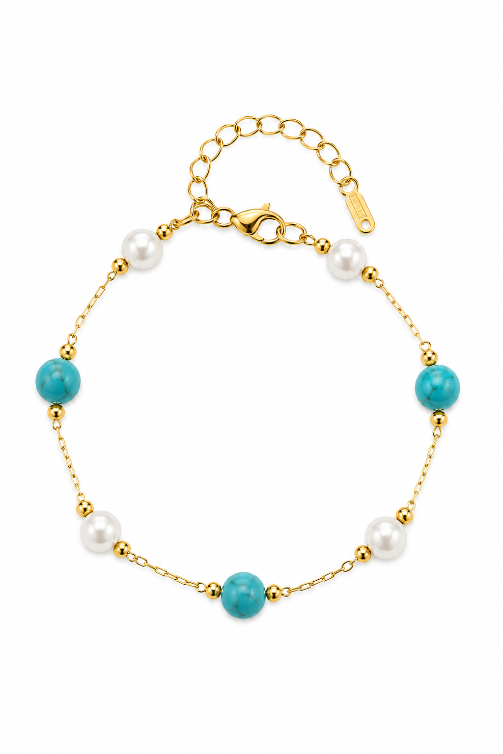 Ocean Pearl Bracelet ατσάλινο βραχιόλι με λευκές πέρλες και τιρκουάζ χάντρες σε χρυσή αλυσίδα