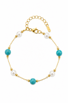 Ocean Pearl Bracelet ατσάλινο βραχιόλι με λευκές πέρλες και τιρκουάζ χάντρες σε χρυσή αλυσίδα