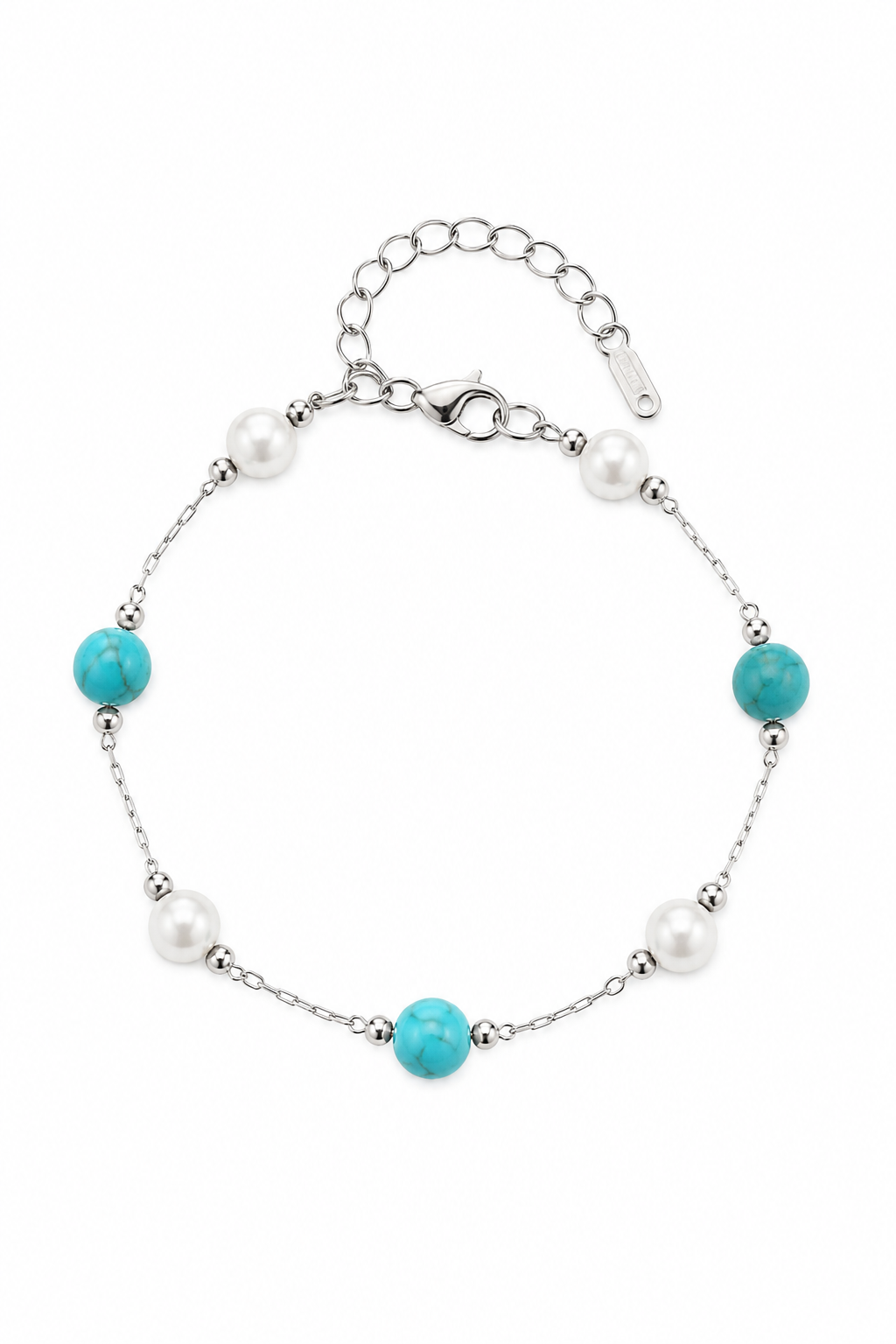 Ocean Pearl Bracelet ατσάλινο βραχιόλι με λευκές πέρλες και τιρκουάζ χάντρες σε ασημί αλυσίδα