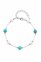Ocean Pearl Bracelet ατσάλινο βραχιόλι με λευκές πέρλες και τιρκουάζ χάντρες σε ασημί αλυσίδα
