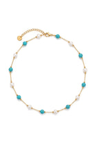 Ocean Pearl Necklace ατσάλινο κολιέ με λευκές πέρλες και τιρκουάζ χάντρες σε χρυσή αλυσίδα