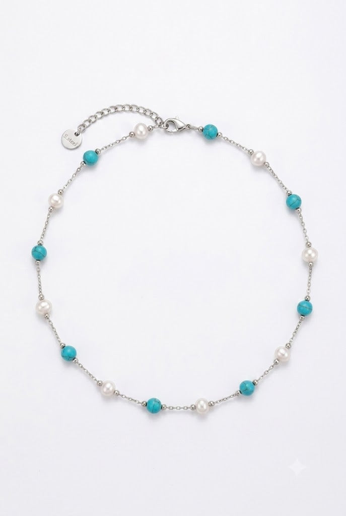 Ocean Pearl Necklace ατσάλινο κολιέ με λευκές πέρλες και τιρκουάζ χάντρες σε ασημί αλυσίδα