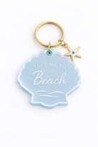 Keychain with 'Take Me to the Beach' tag and starfish charm on a white background