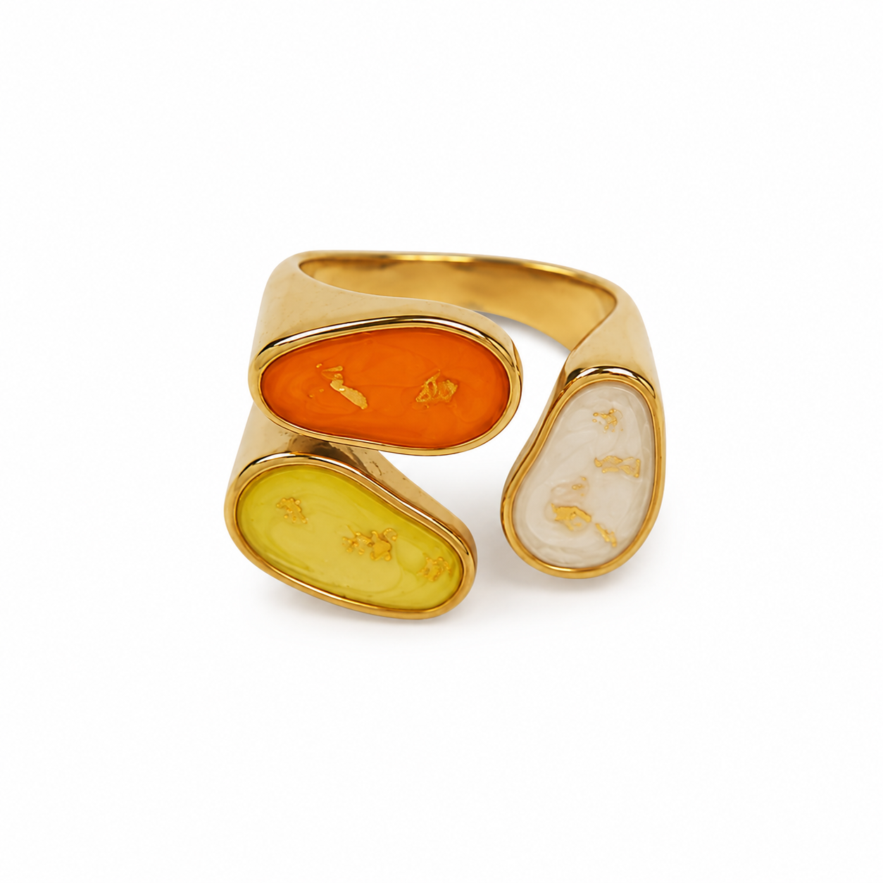 Gold ring with three colorful oval stones on a white background