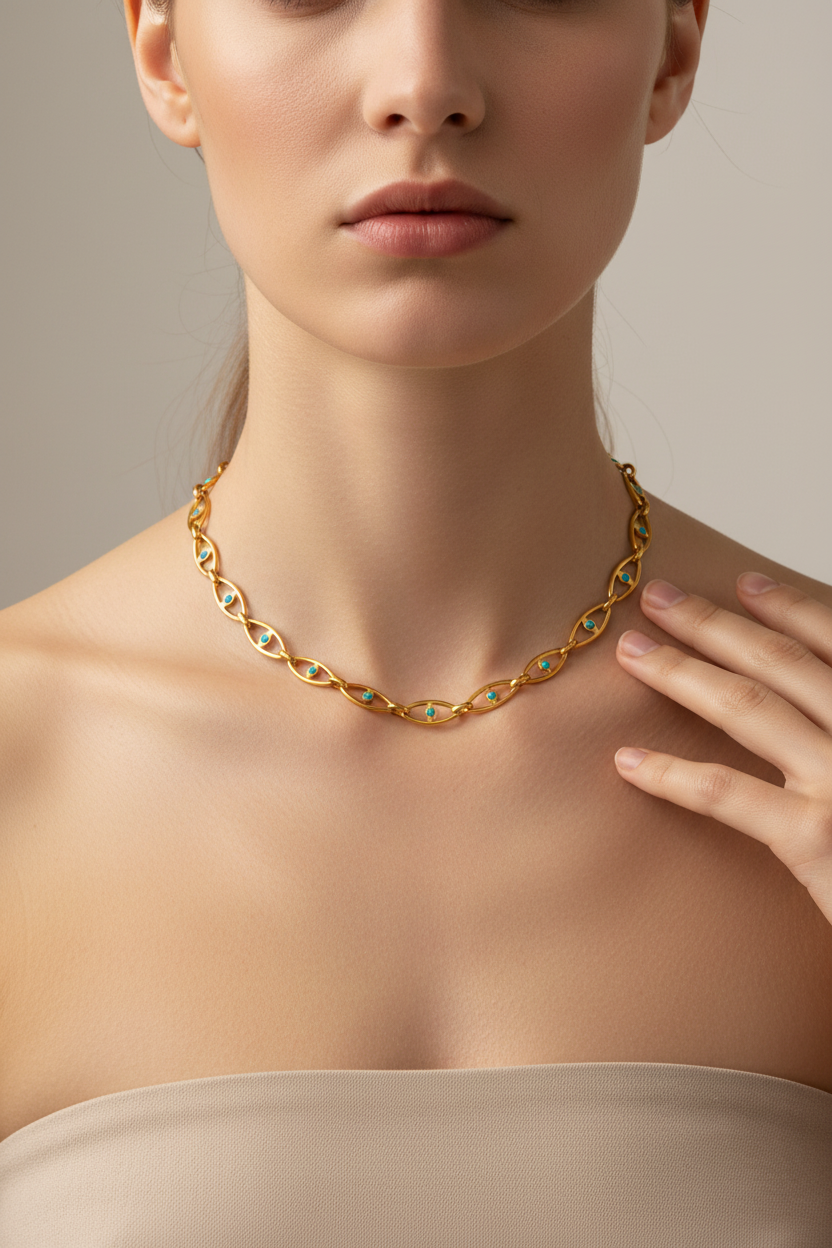 Ατσάλινο κολιέ αλυσίδα με μάτια, φορεμένο σε μοντέλο