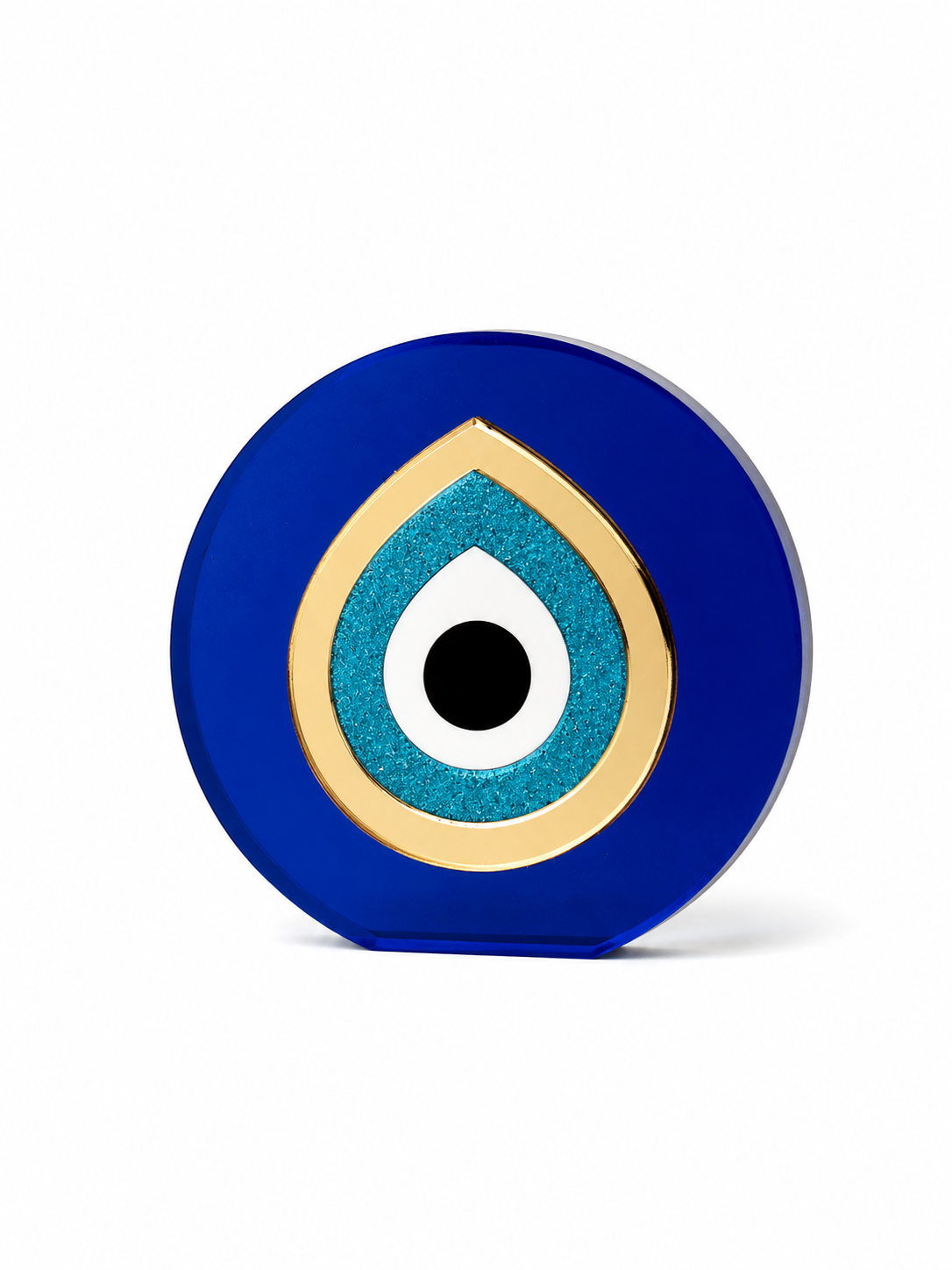 Paros Eye round tabletop evil eye decor in cobalt blue plexiglass and gold mirror acrylic on white background by So Cute by Dimi