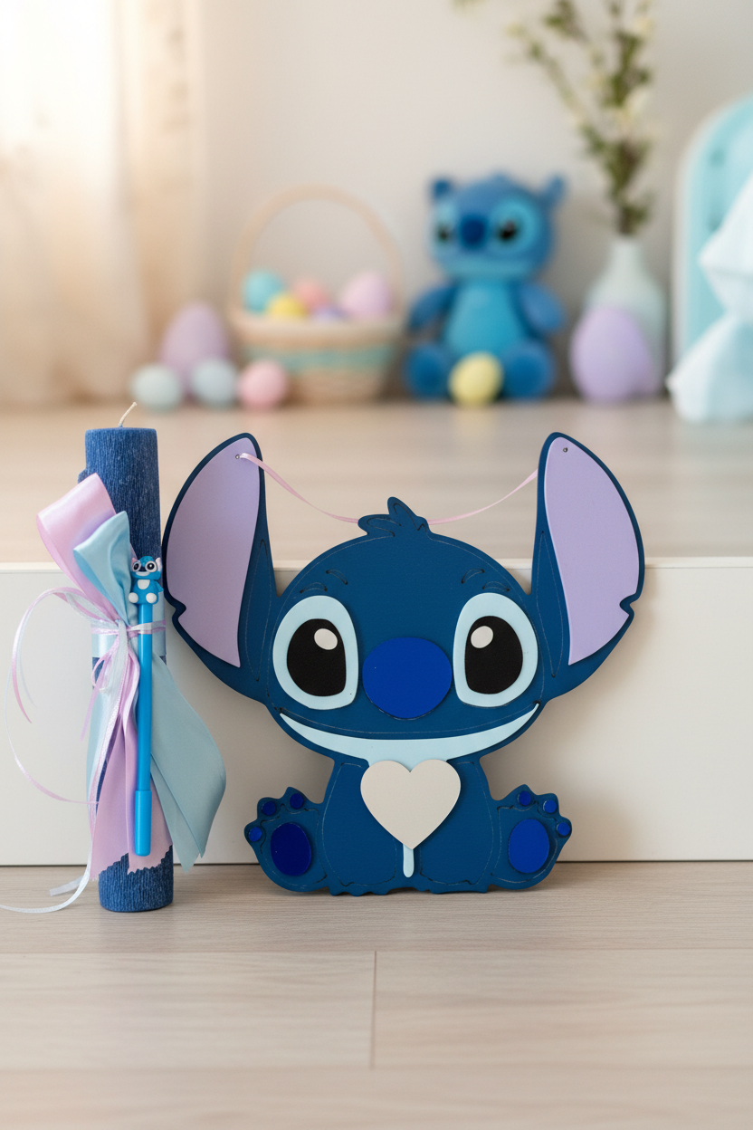 Xειροποίητη πασχαλινή λαμπάδα Stitch 2026 με ξύλινο κάδρο και αρωματικό κερί So Cute by Dimi,
