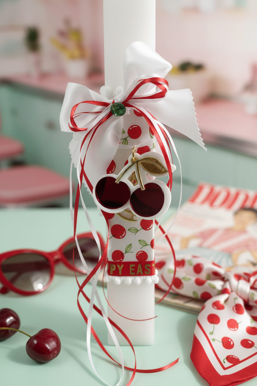 Χειροποίητη πασχαλινή λαμπάδα με cherry print σατέν ύφασμα, σατέν φιόγκους, πράσινο κρύσταλλο και μπρελόκ κεράσι από πλεξιγκλάς. So Cute by Dimi