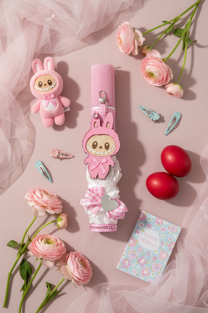 Χειροποίητη ροζ παιδική λαμπάδα με plexiglass charm Labubu, καρό φιογκάκι και ασημί καρδιά