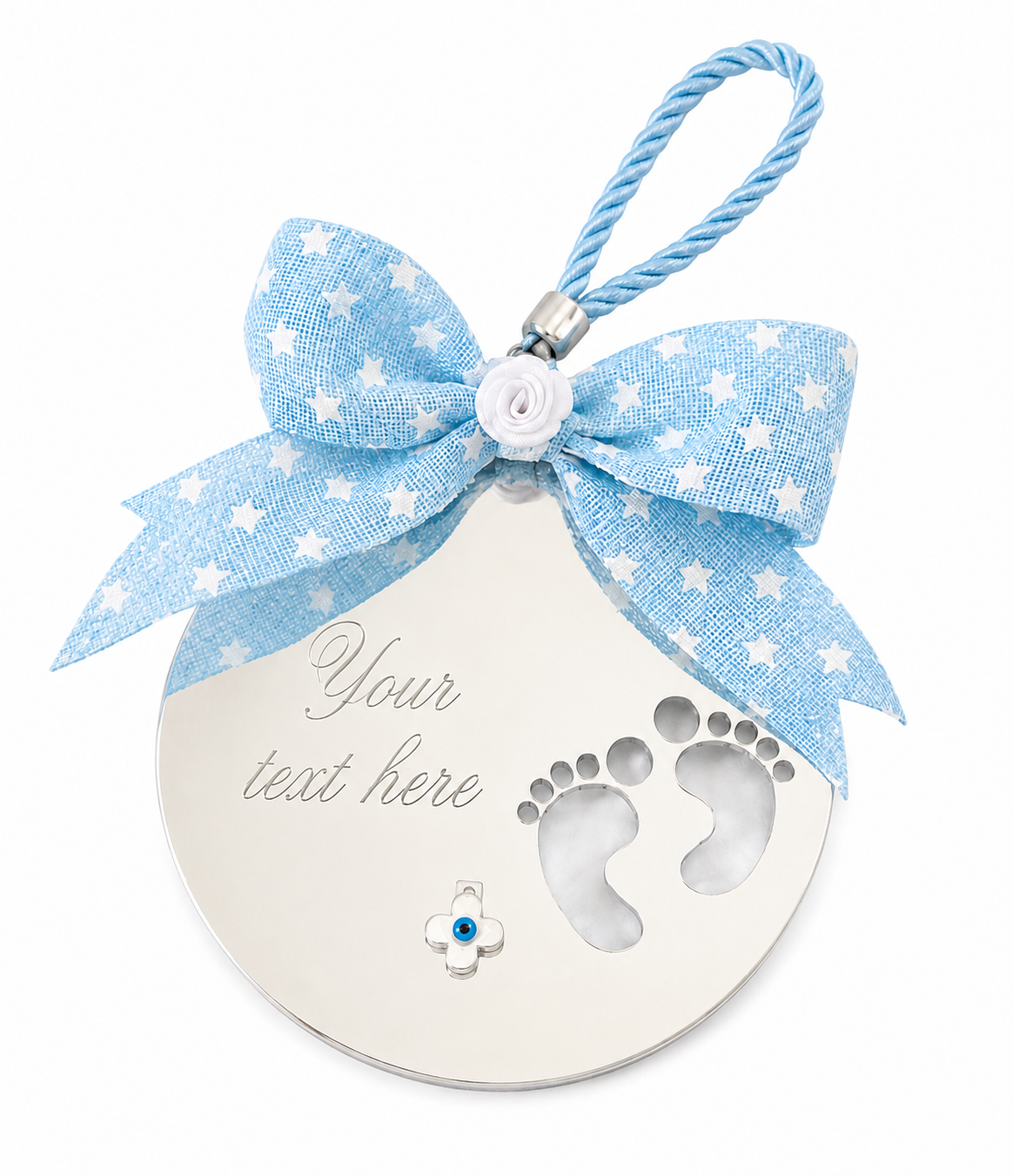 A personalized baby keepsake ornament featuring a round silver-toned plate with cutout baby footprints and a customizable text field, adorned with a light blue and white star-patterned ribbon bow and a blue accent stone, on a white background.