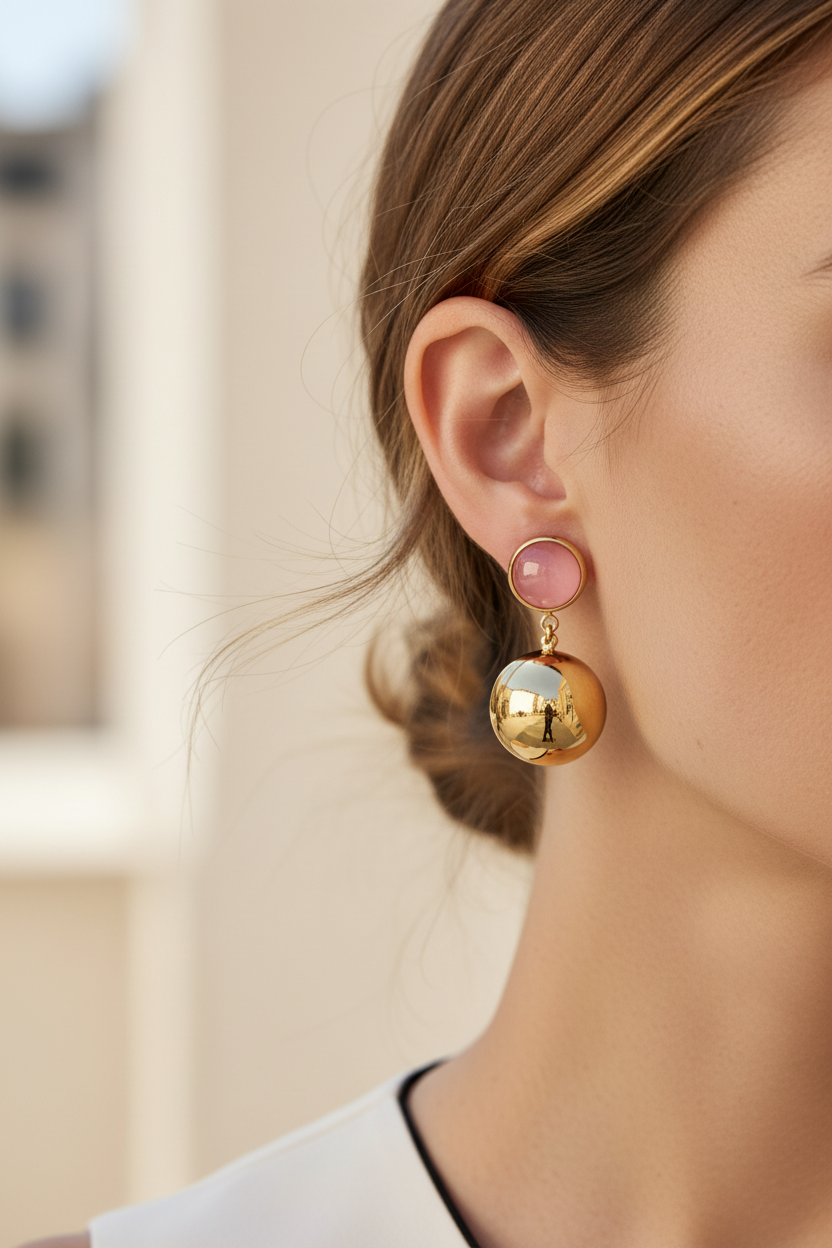 Close-up of a woman wearing steel gold and pink earrings with a blurred background