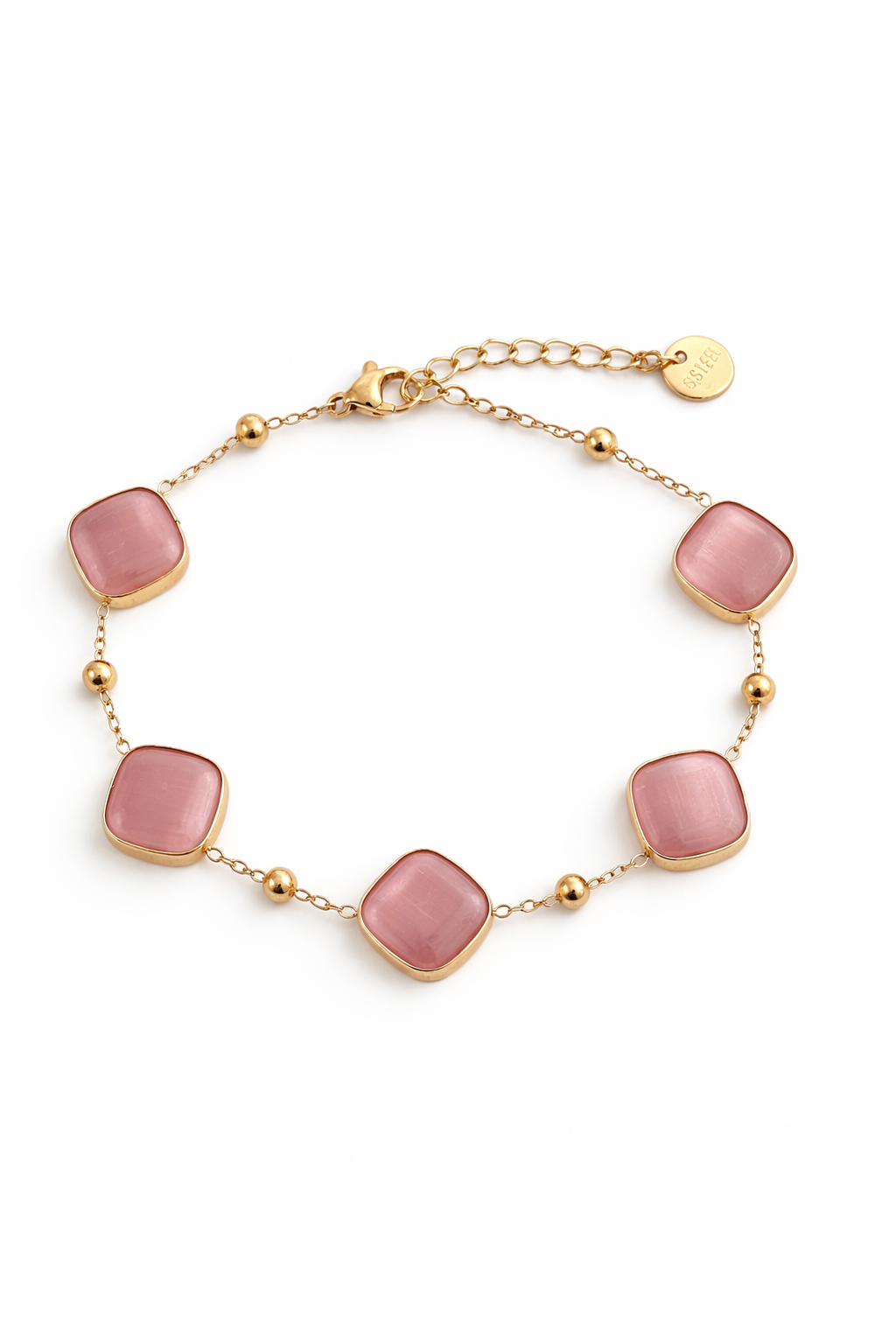 Gold steel bracelet with pink square stones on a white background