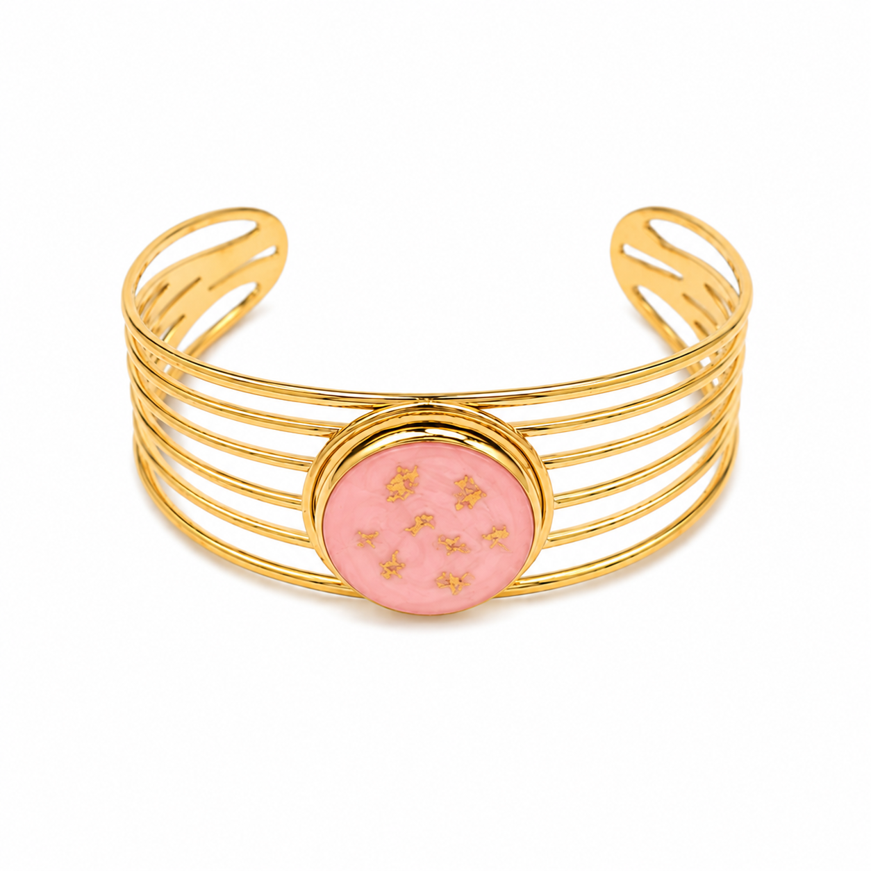 Gold bracelet with a pink center on a white background