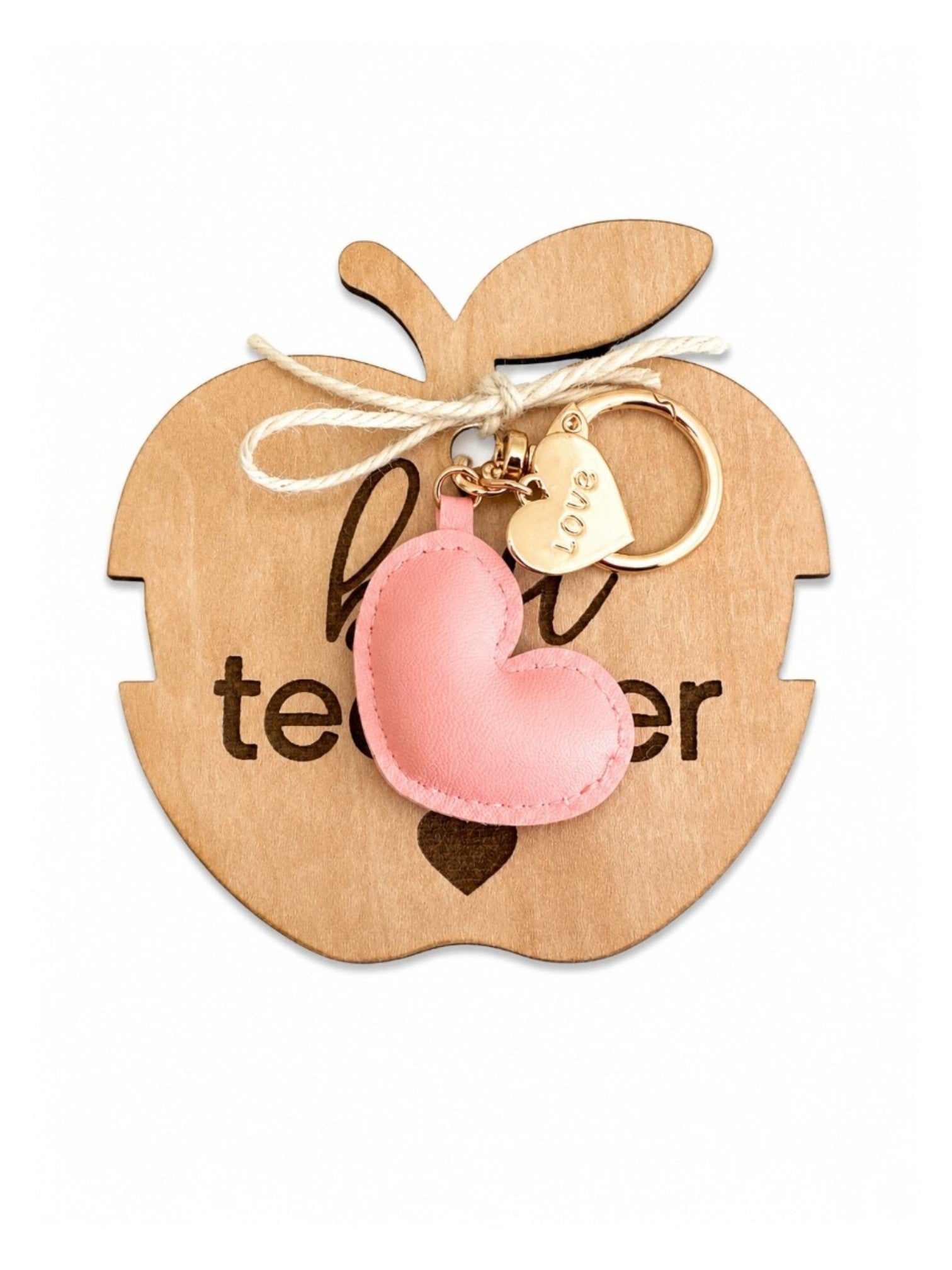 Ροζ heart charm μπρελόκ με μεταλλική καρδιά Love πάνω σε ξύλινο μήλο best teacher μαγνητάκι