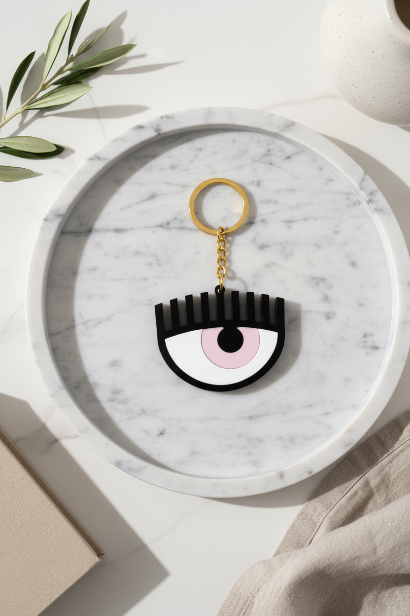 Black eye-shaped keychain with a gold ring on a marble surface