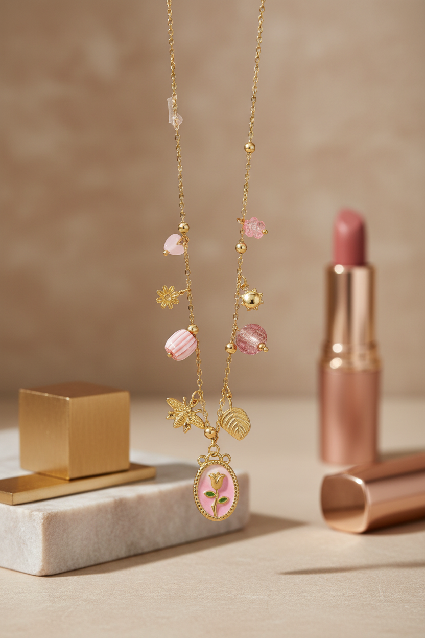 Gold necklace with pink beads and charms on a neutral background with lipstick and gold cube.