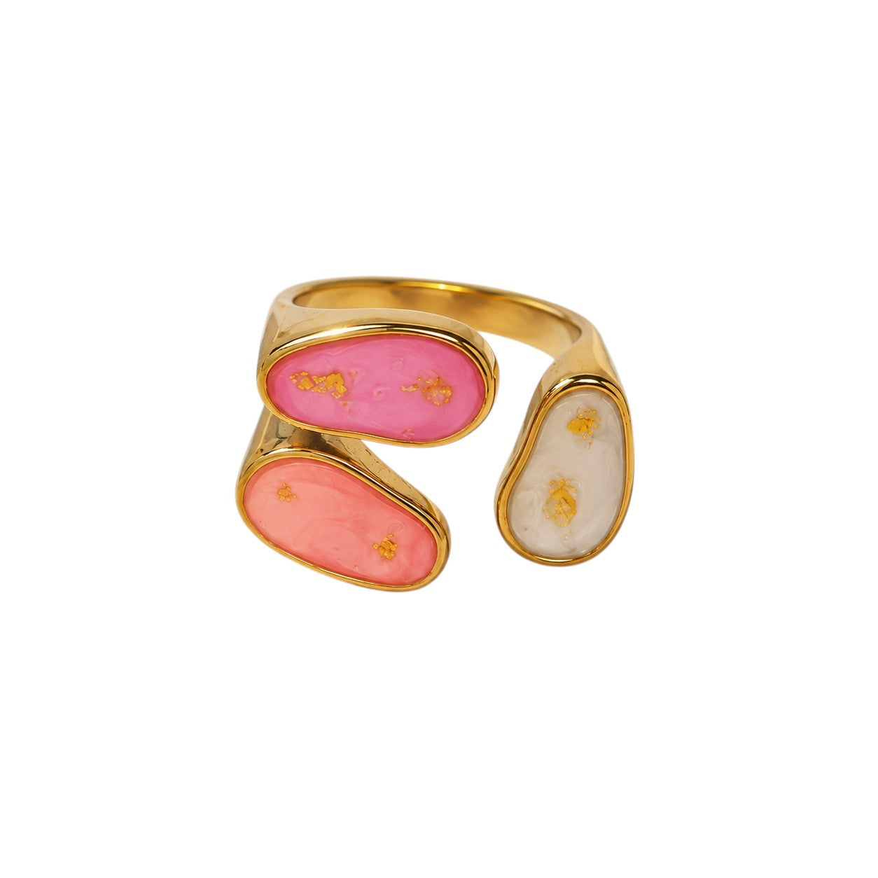 Gold ring with pink, orange, and beige stones on a white background