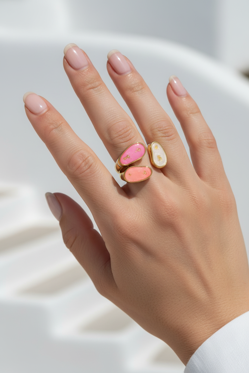 Hand wearing a ring with pink and gold design on a white background
