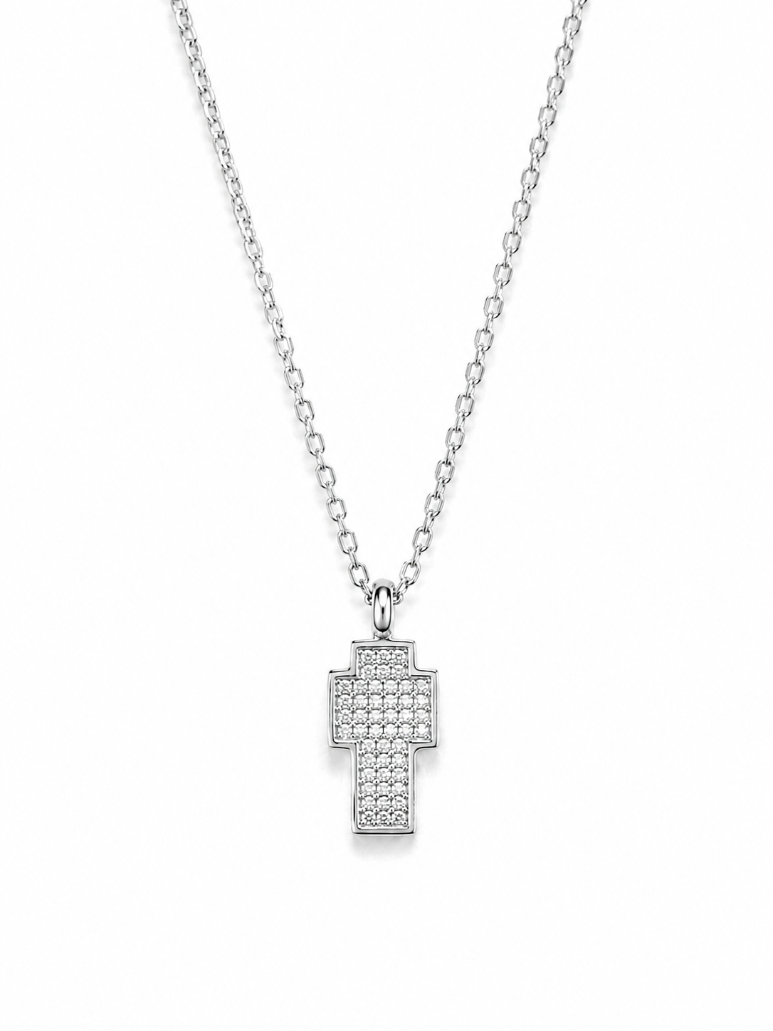 Pixel Cross Luxe Necklace ατσάλινο κολιέ με σταυρό από ζιργκόν σε ασημί χρώμα So Cute by Dimi