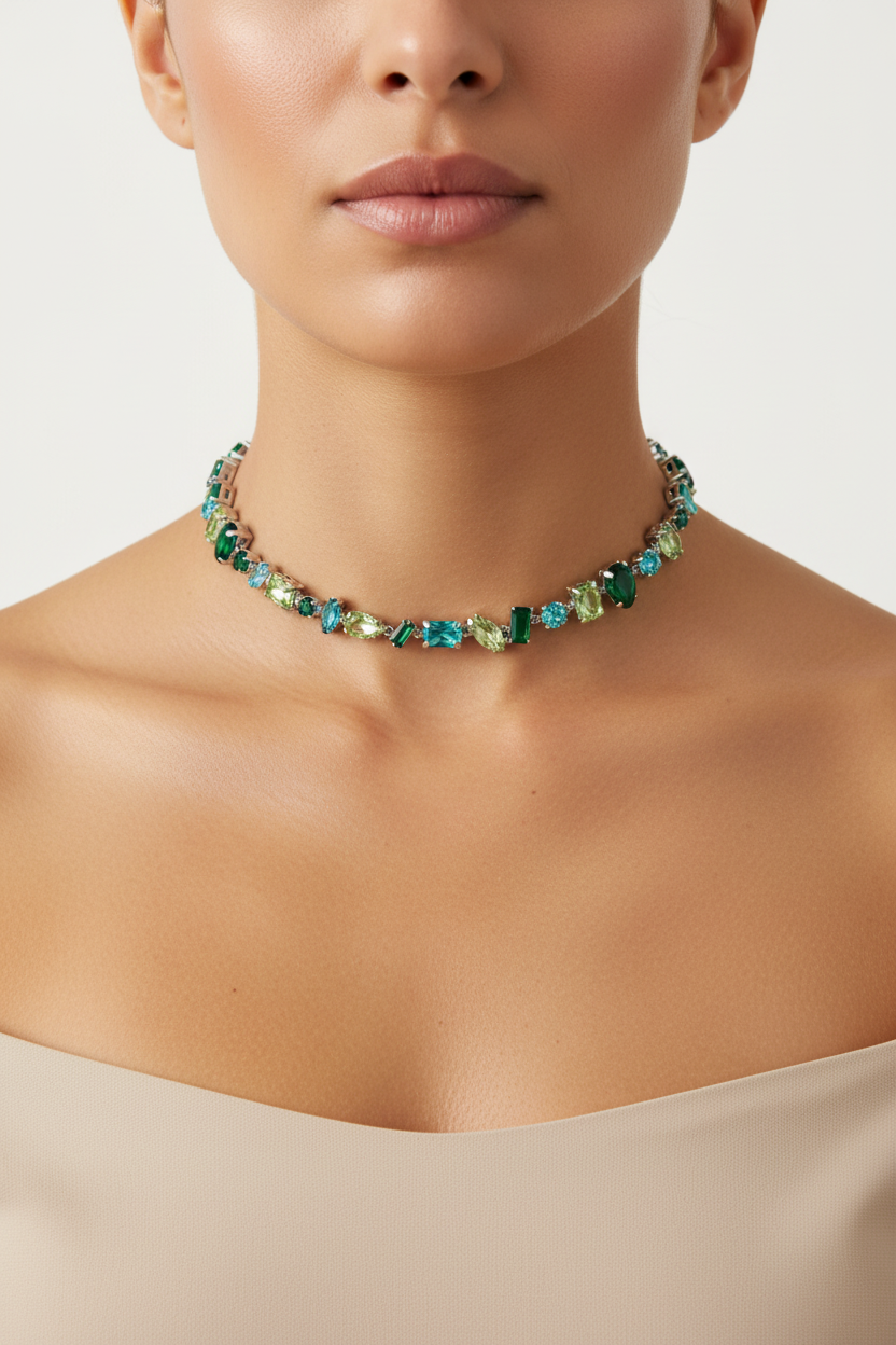 Ατσάλινο choker με κρύσταλλα velmira color choker statement necklace colorful φορεμένο σε μοντέλο, So Cute by DImi