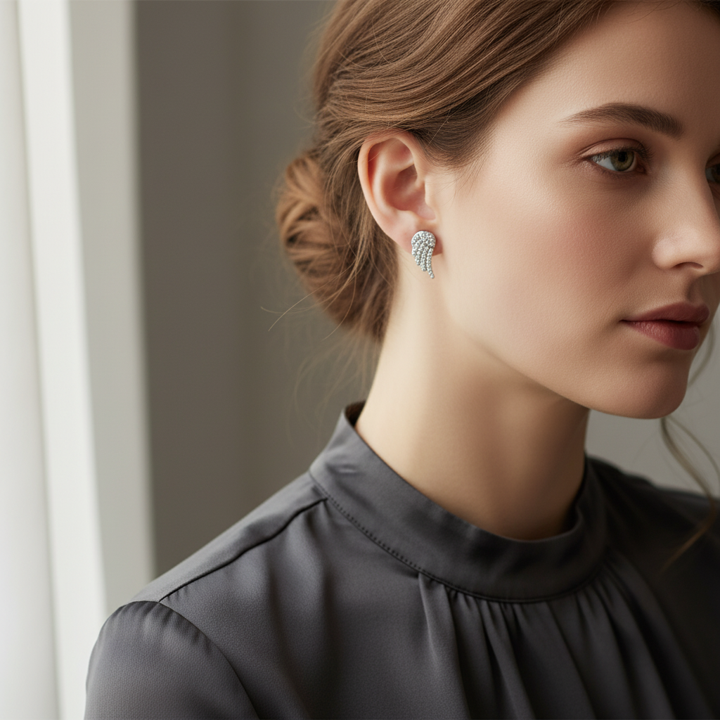 Crystal Angel Studs – Ατσάλινα Σκουλαρίκια με Φτερό Αγγέλου & Ζιργκόν | So Cute by Dimi