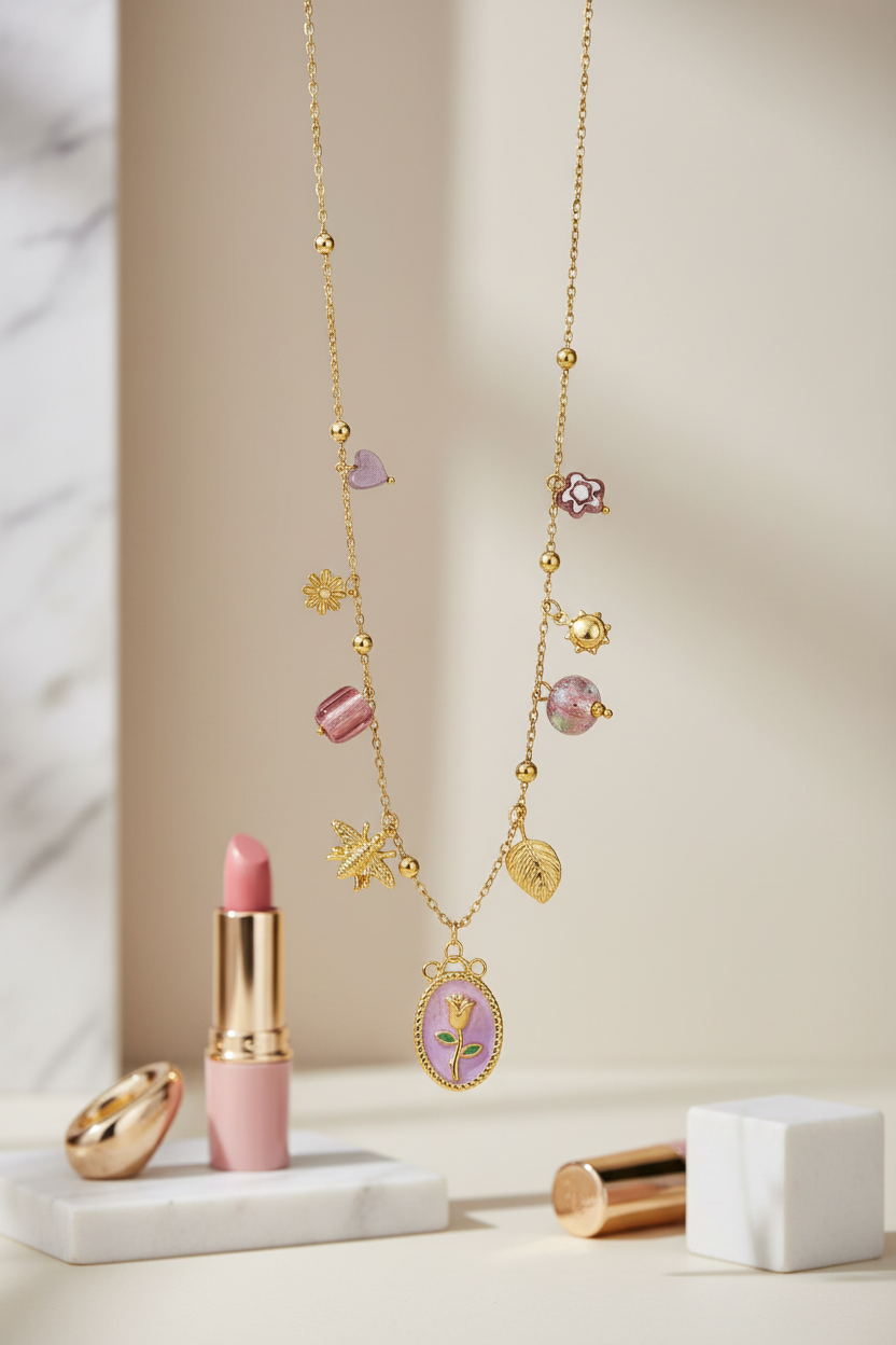 Gold necklace with heart-shaped pendants next to pink lipstick on a neutral background