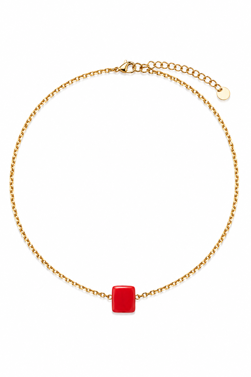 Gold stainless steel chain necklace with a red square pendant on a white background