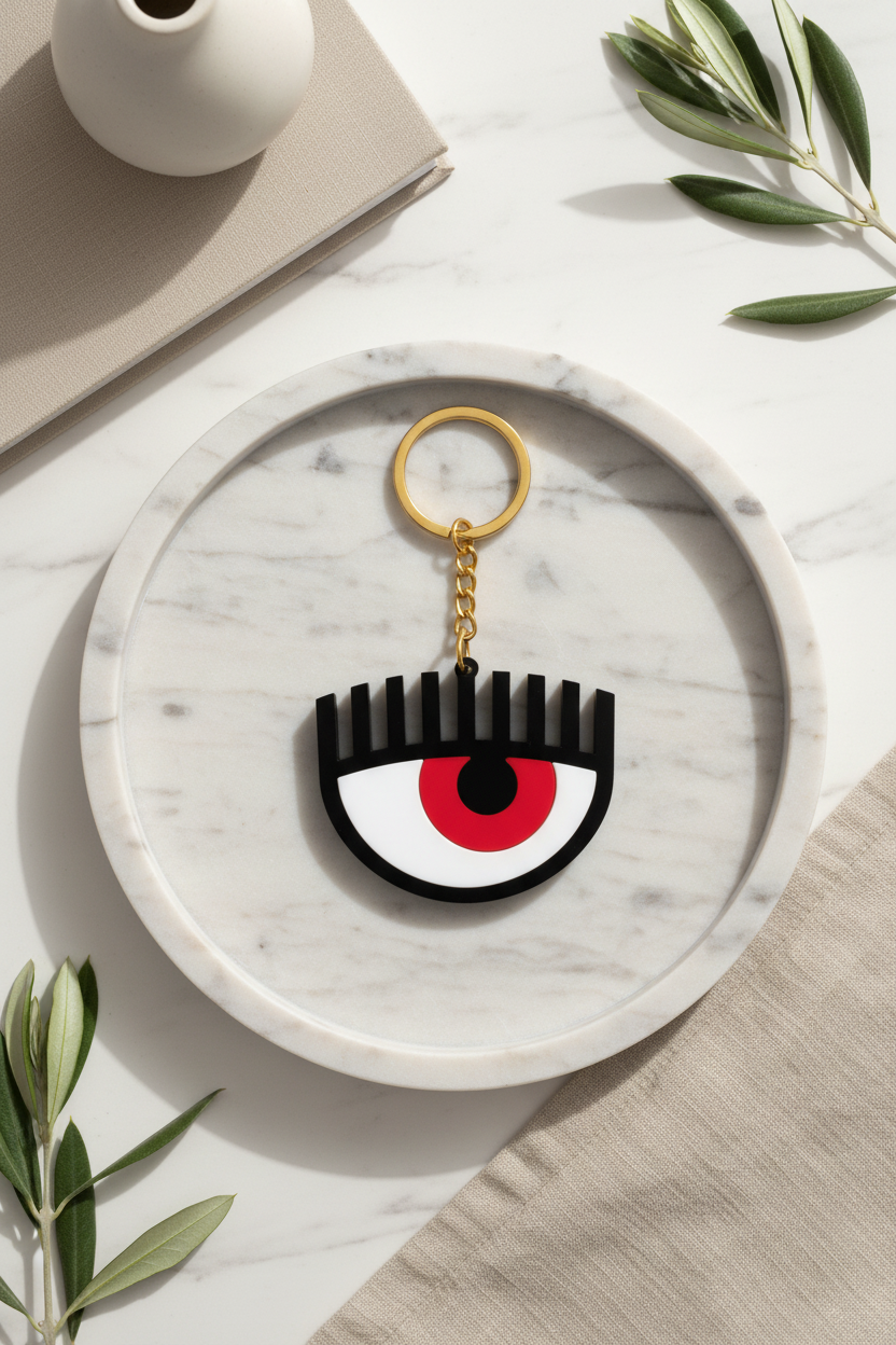 Keychain with eye design on a marble tray with leaves and vase in the background