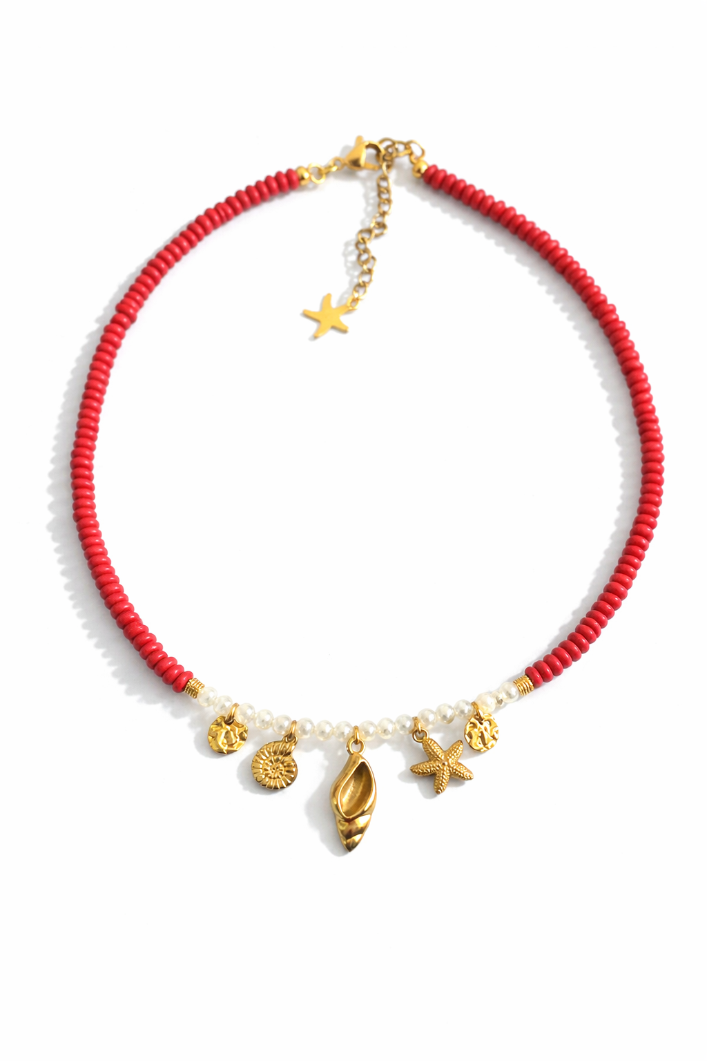 Red beaded necklace with gold charms on a white background