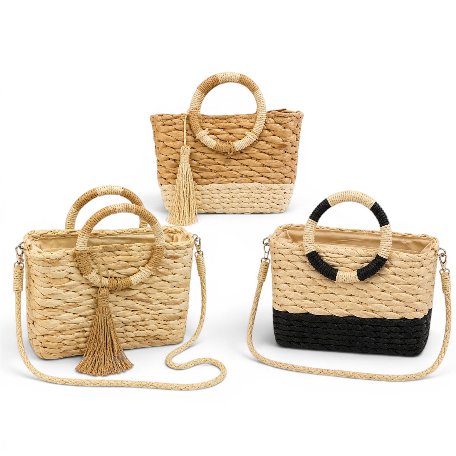 Woven straw handbag με στρογγυλά χερούλια και λουρί σε φυσικές αποχρώσεις σε λευκό φόντο – So Cute by Dimi