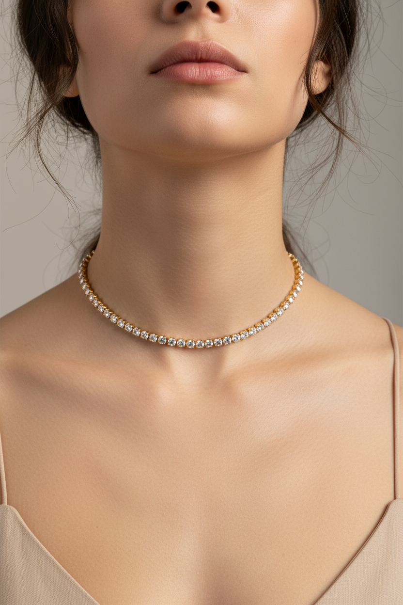 γυναικείο κολιέ ριβιέρα 3mm χρυσό φορεμένο choker κοντά στον λαιμό