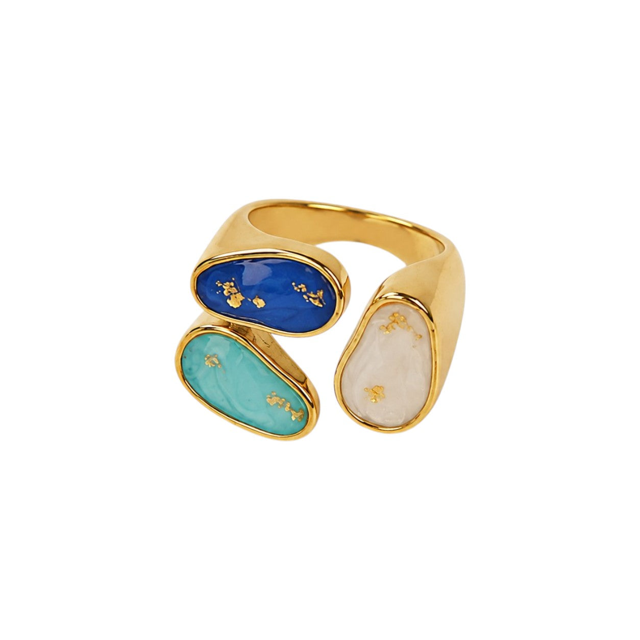 Gold ring with blue, green, and beige stone inlays on a white background