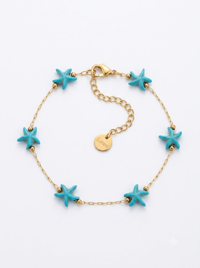 Salt & Sea Bracelet ατσάλινο βραχιόλι με τιρκουάζ αστερίες σε χρυσή αλυσίδα