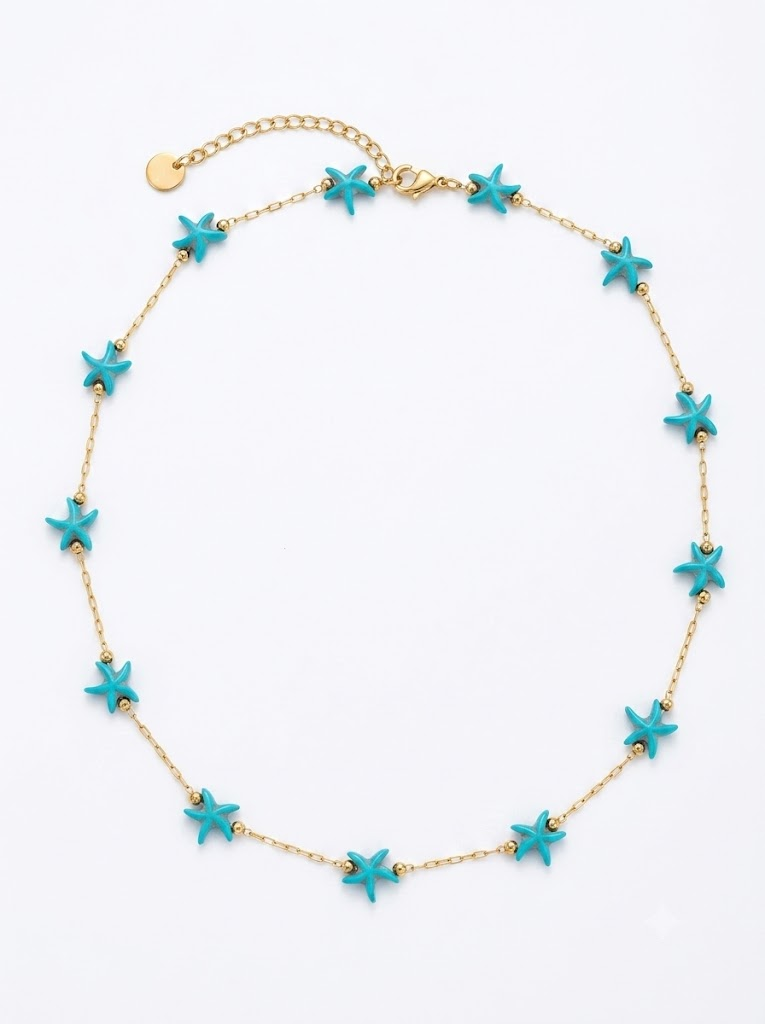 Salt & Sea Necklace ατσάλινο κολιέ με τιρκουάζ αστερίες σε χρυσή αλυσίδα