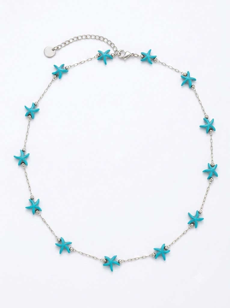 Salt & Sea Necklace ατσάλινο κολιέ με τιρκουάζ αστερίες σε ασημί αλυσίδα