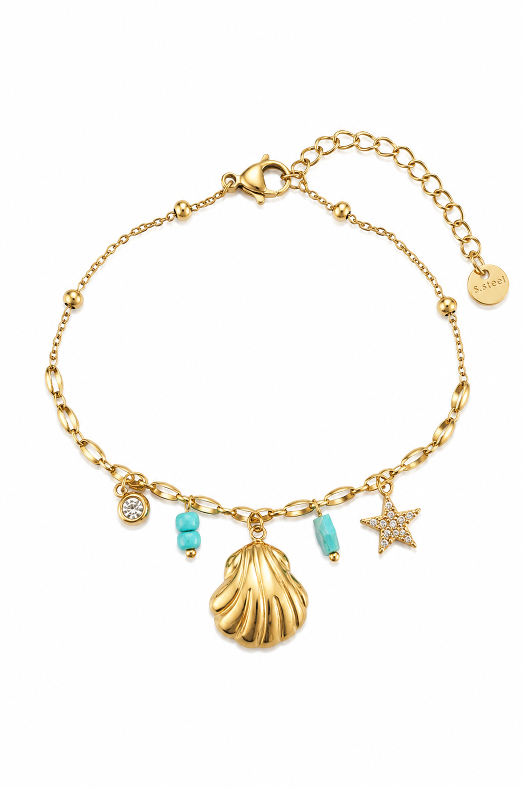 Sea Memories Bracelet ατσάλινο χρυσό βραχιόλι με κοχύλι, αστερία, τιρκουάζ χάντρες και κρεμαστά θαλασσινά charms