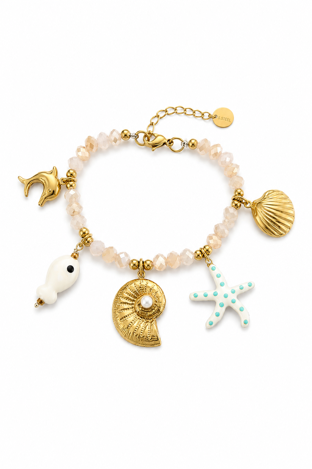 Ατσάλινο βραχιόλι Seabreeze Charms με κρυστάλλινες χάντρες και κρεμαστά θαλασσινά charms σε λευκό φόντο.