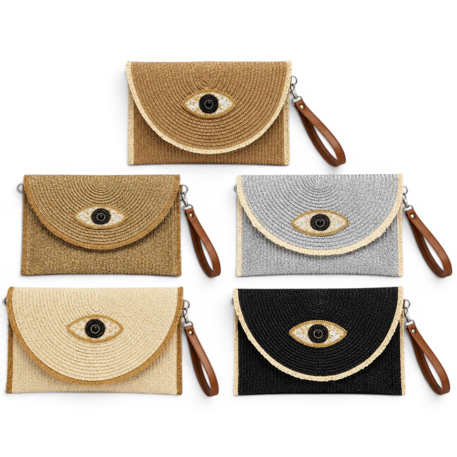 Ψάθινα clutch bags με evil eye σχέδιο σε μπεζ, χρυσό, ασημί και μαύρο χρώμα σε λευκό φόντο – So Cute by Dimi