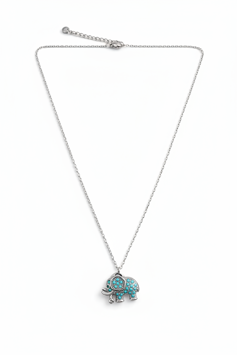 elephia necklace ατσάλινο κολιέ ελεφαντάκι με τυρκουάζ ζιργκόν  ασημί so cute by dimi