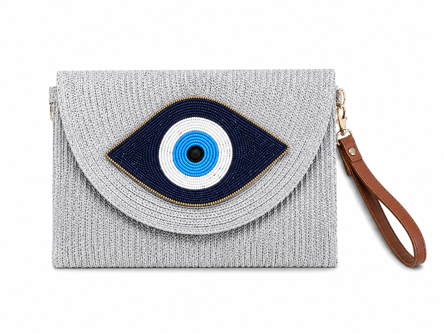 Καλοκαιρινά woven clutch bags με σχέδιο μάτι σε ασημί χρώμα σε λευκό φόντο – So Cute by Dimi