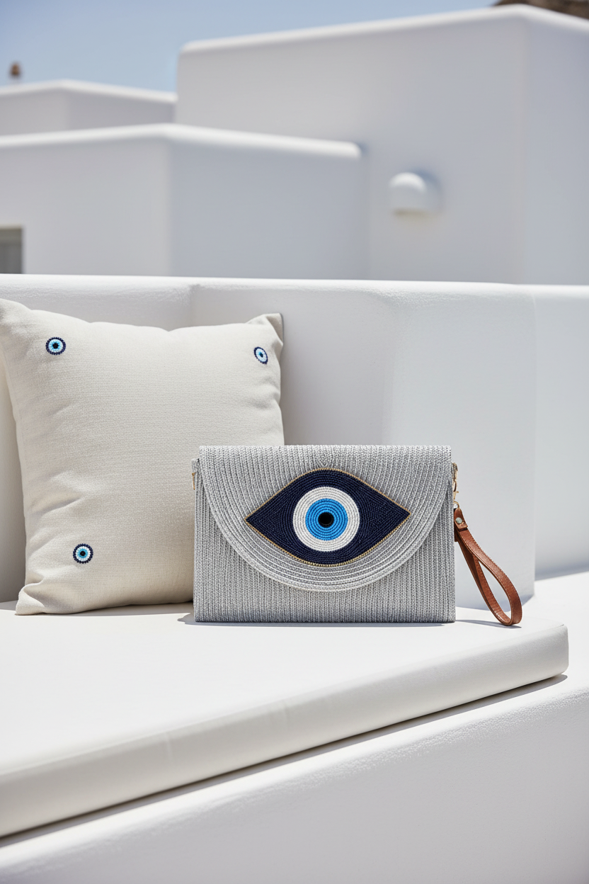 Καλοκαιρινά woven clutch bags με σχέδιο μάτι σε ασημί χρώμα σε λευκό φόντο – So Cute by Dimi