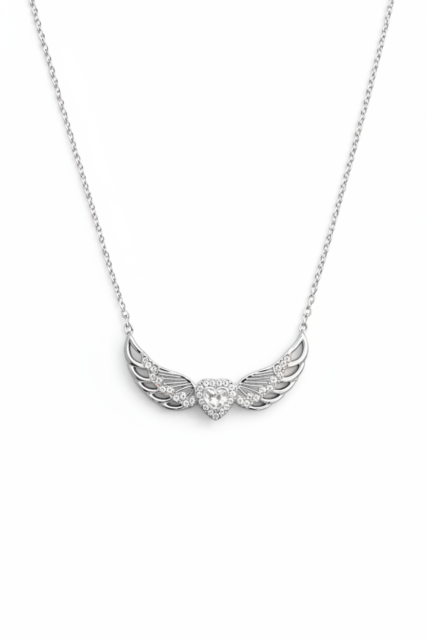 heartwing necklace ατσάλινο κολιέ φτερά αγγέλου με καρδιά ζιργκόν ασημί so cute by dimi